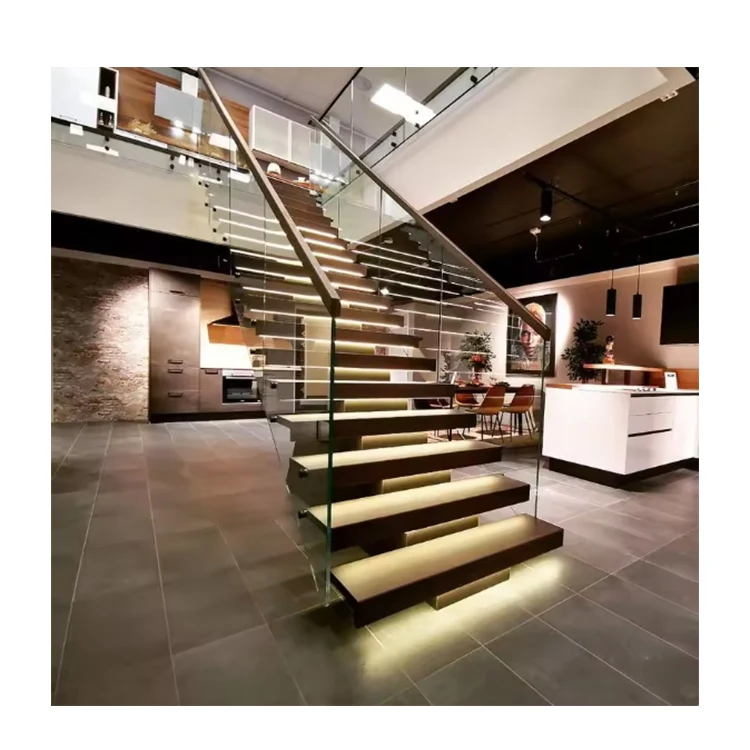 Modern Steel Beam Stair Simple Indoor Steel Stair Mono Stringer Straight Staircase Design Modern Stainless Steel Wood Stairs