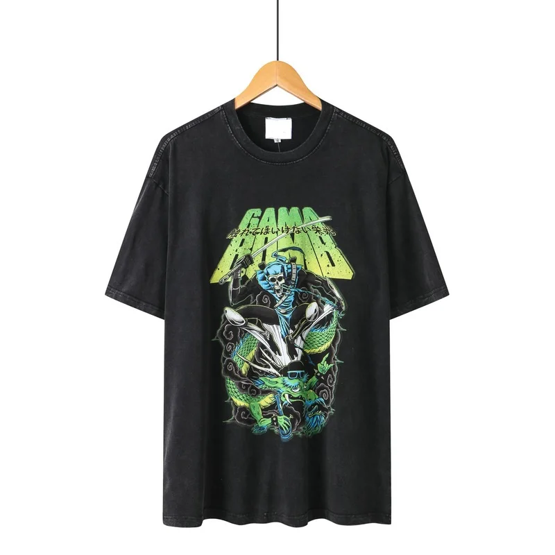 OEM Spring summer oversized high street hiphop skull washed 280g double yarn cotton custom T-shirt for men