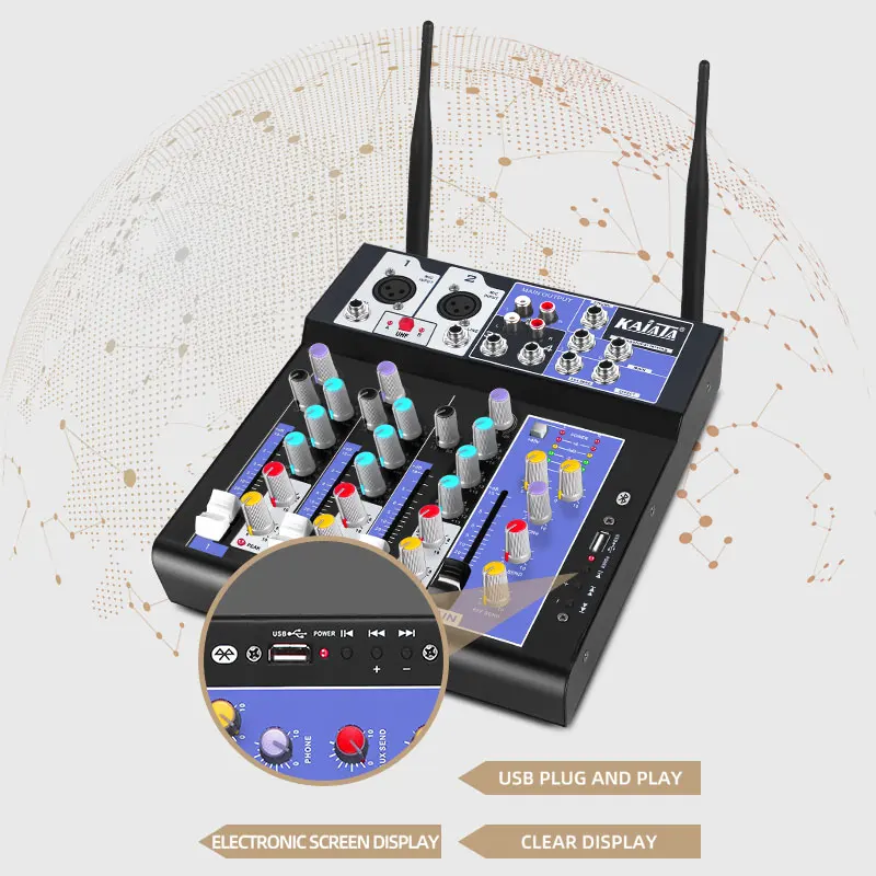 KAIKA F4-2W Small Mixer with wireless microphone integrated computer sound card guitar USB 4-channel Audio     mixer