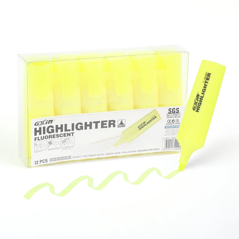 Gxin G-304801 yellow color 12pcs/set highlighters custom fluorescent pen water based school students highlighter marker pen