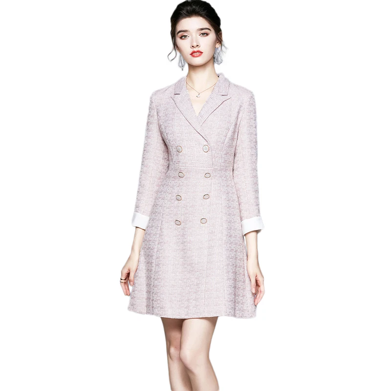 2022 F/W Ladies Temperament Office Party Robe Tweed Suit Collar A-line One-Piece Dress