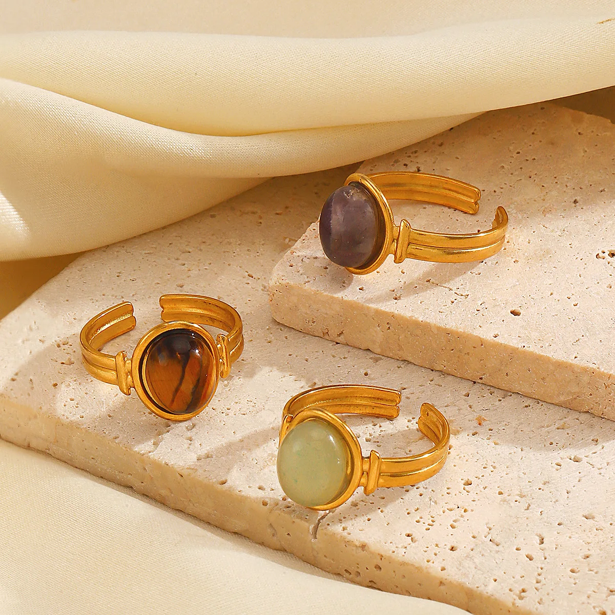 Vintage 18K Gold Plated Natural Stone Tiger Eyes Open Adjustable Ring Non Tarnish Stainless Steel Green Aventurine Gold Ring