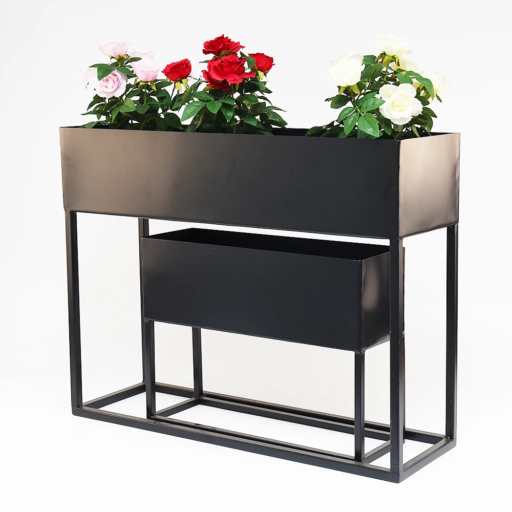 Black metal flower stand for garden interior 2 sets metal Plant display stand rectangle metal plant stand