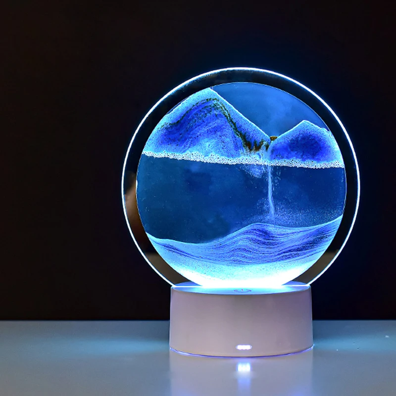 Светодиодная настольная лампа с сыпучим песком, 3D художественный светильник в виде пейзажа, динамические круглые стеклянные песочные часы, ночник для детской, спальни, настольное украшение