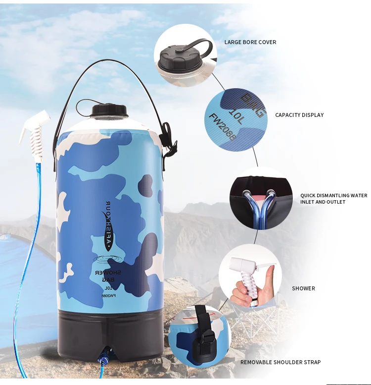 Shower Bag Outdoor Camping Traveling Hiking Portable Solar Heating 3 Gallons / 10L PVC Shower Bag