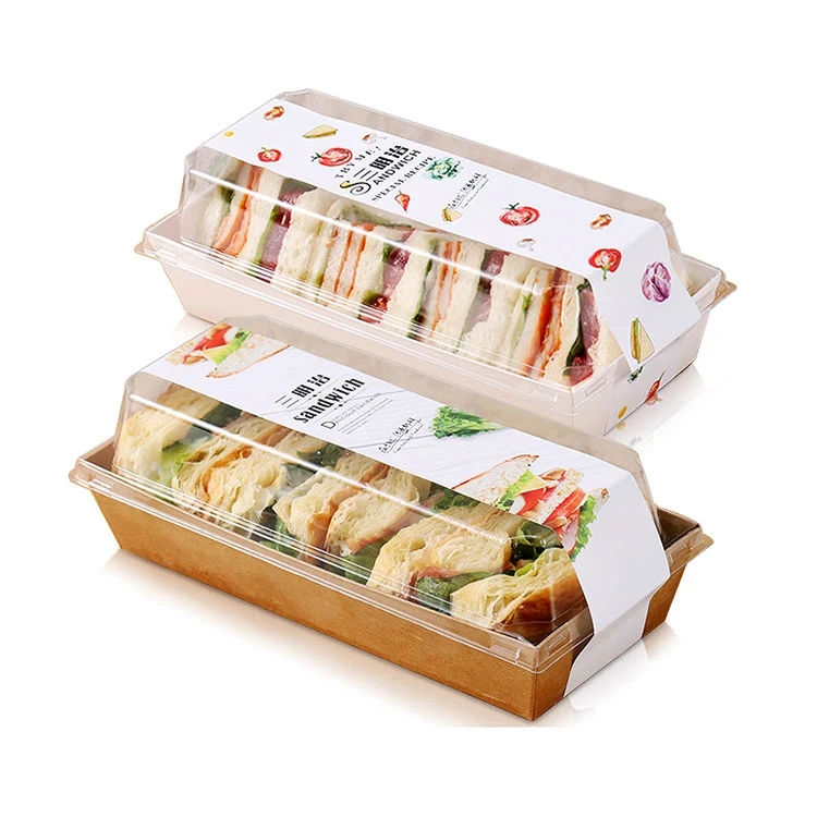Disposable food bread kraft tray square bread paper packing boxes plastic lid paper packing tray