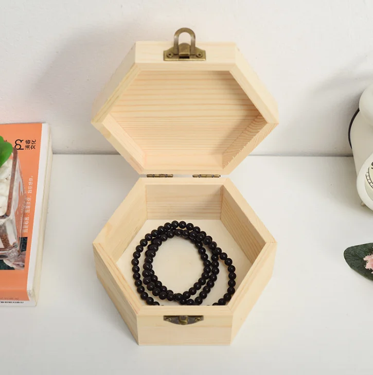 Hexagon Shaped Pine Wood Hinge Box For Gift Package Light Custom Accepted Size & Logo Customize