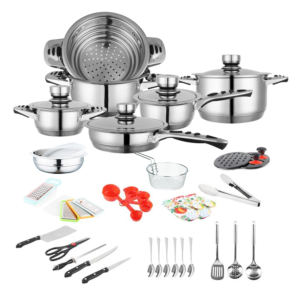 Suppliers 26 32 42 50 87 100 PCS Thermometer Induction Stainless Steel  Cooking Pot And Pans Cookware Set With Kitchen Utensil