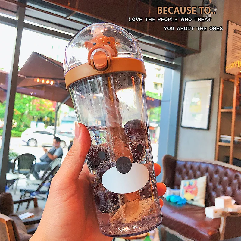 Clear 500ml customized hot selling portable drinking cup with lid and strawanimal cute plastic stirring water bottle