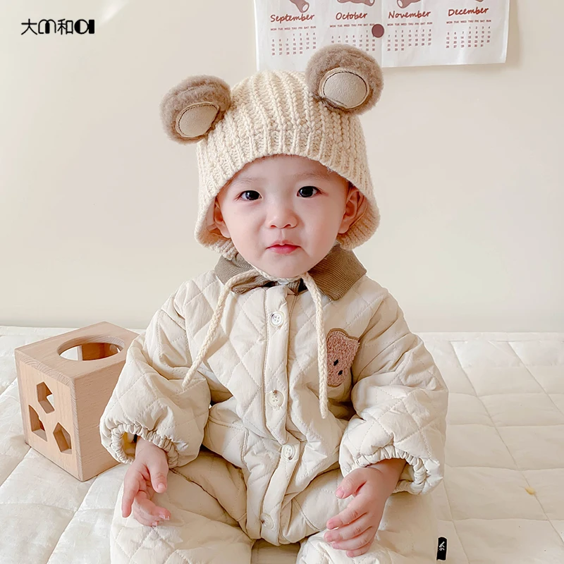 ins24 Winter Korean version baby lapel quilted thick crawling suit for boys and girls baby bear with wool thick onesie winter