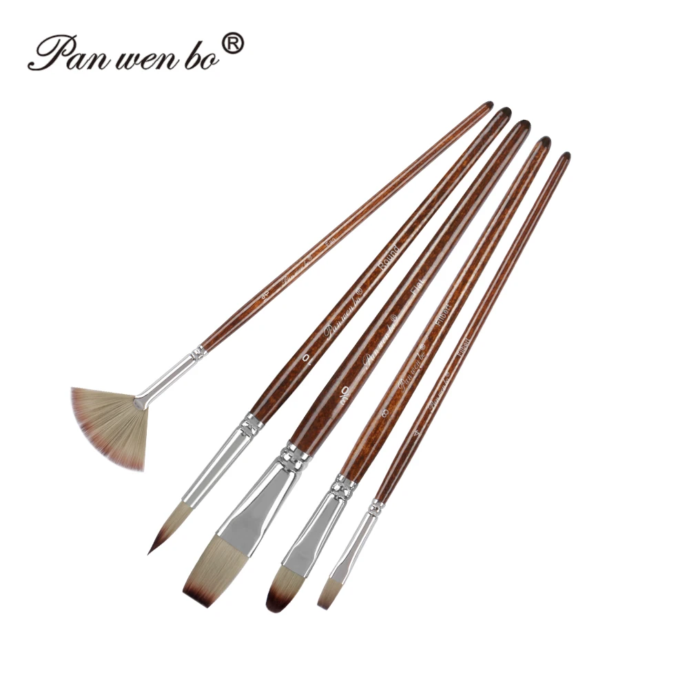 Panwenbo Art Materials 5Pcs Reddish Brown Handle Professional Artist Brushes Set Master Grade Painting Brushes For Art