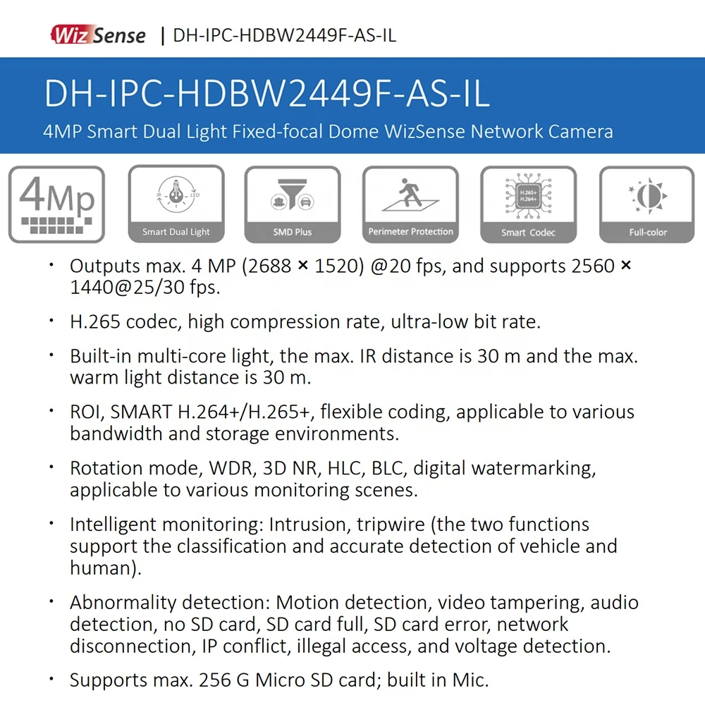 IPC-HDBW2449F-AS-IL 2024 New 4MP Vandalproof Dome Dual Light Color Night Vision Human Detection Dahua WizSense PoE IP Camera
