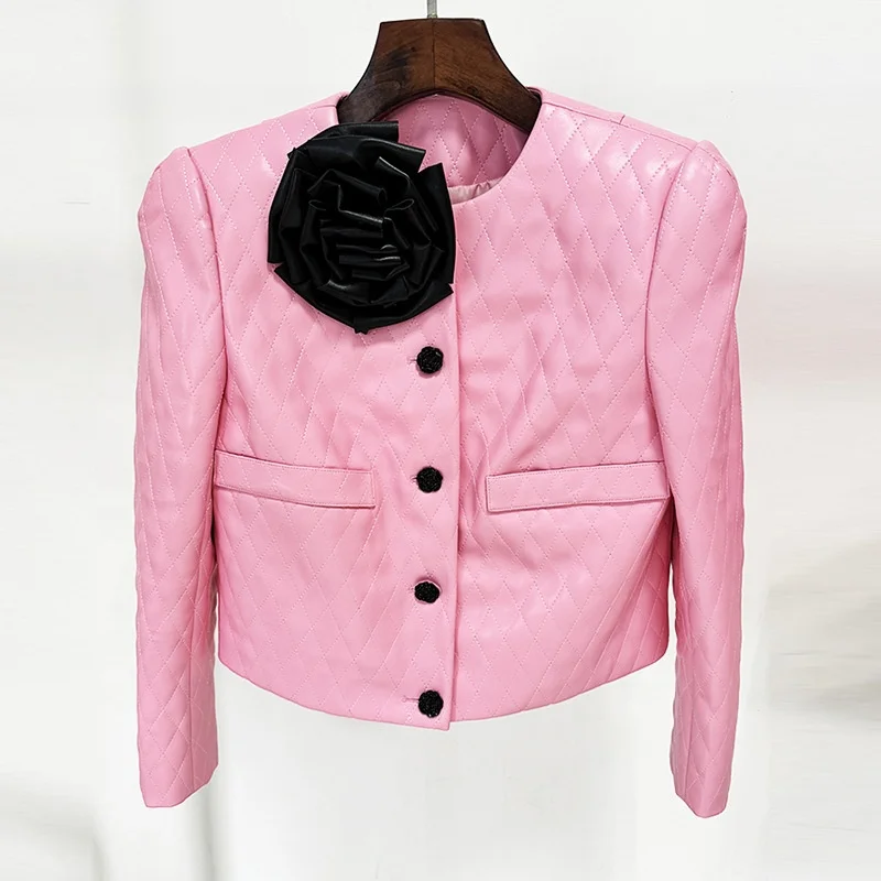 Bettergirl 2024 new star ladies fashion flower decoration rose ladies set buckle diamond leather short jacket set