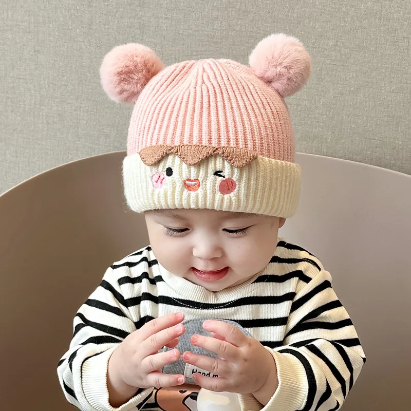 Fall Baby Hat Winter Cute Wool Ball Set Head Cap Infant And Young Children Knitted Wool Thickened Ear Protection  Ear