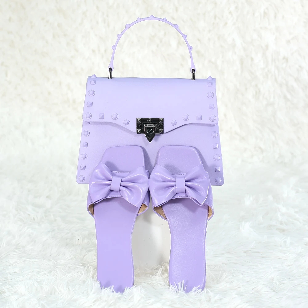 Wholesale Low Price Multi-Color Shoe Bag Fashion Popular Women Handbags Purse And Bow Flat Sandals Set