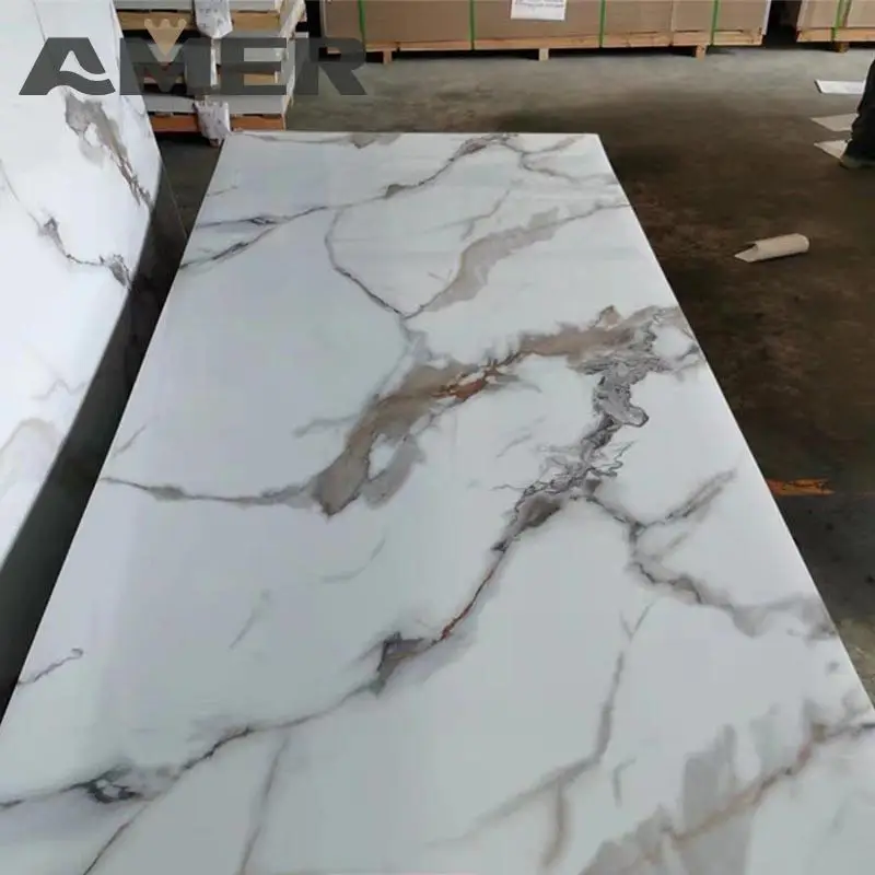 Amer OEM wholesale2mm 2.5mm 3mm interior decoration high glossy 4x8 4*9 pvc uv wall panel marble