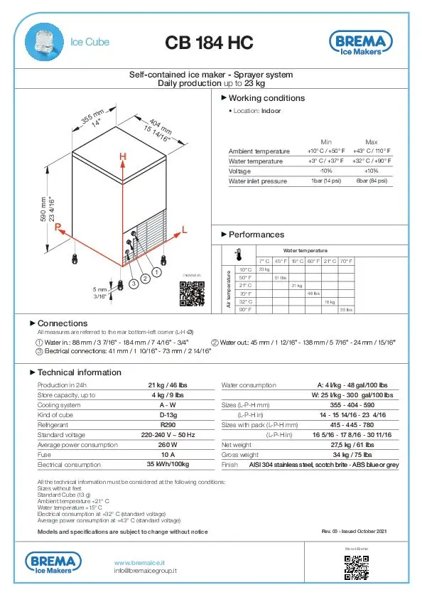 High Quality Electric Ice Maker with Built-In Container CB 184 HC Spray System up to 23 Kg Daily Production for Bottled Water