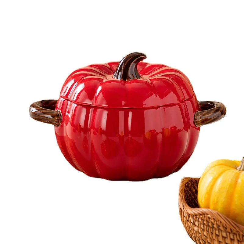 Creative pumpkin ceramic soup bowl with lid household large soup pot