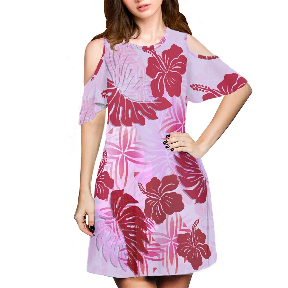 Streetwear Apparel Manufacturers Polynesian Tribal Hawaiian Dresses Purple Palm Leaves Flower Print Custom Cold Shoulder Dress