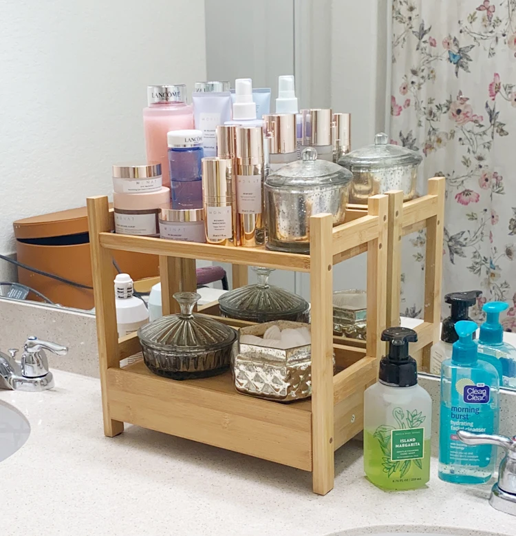 2-Tier Bamboo Wood Countertop Shelf with Drawer Makeup Organizer Desktop Display Stand for Kitchen Bathroom Vanity Counter
