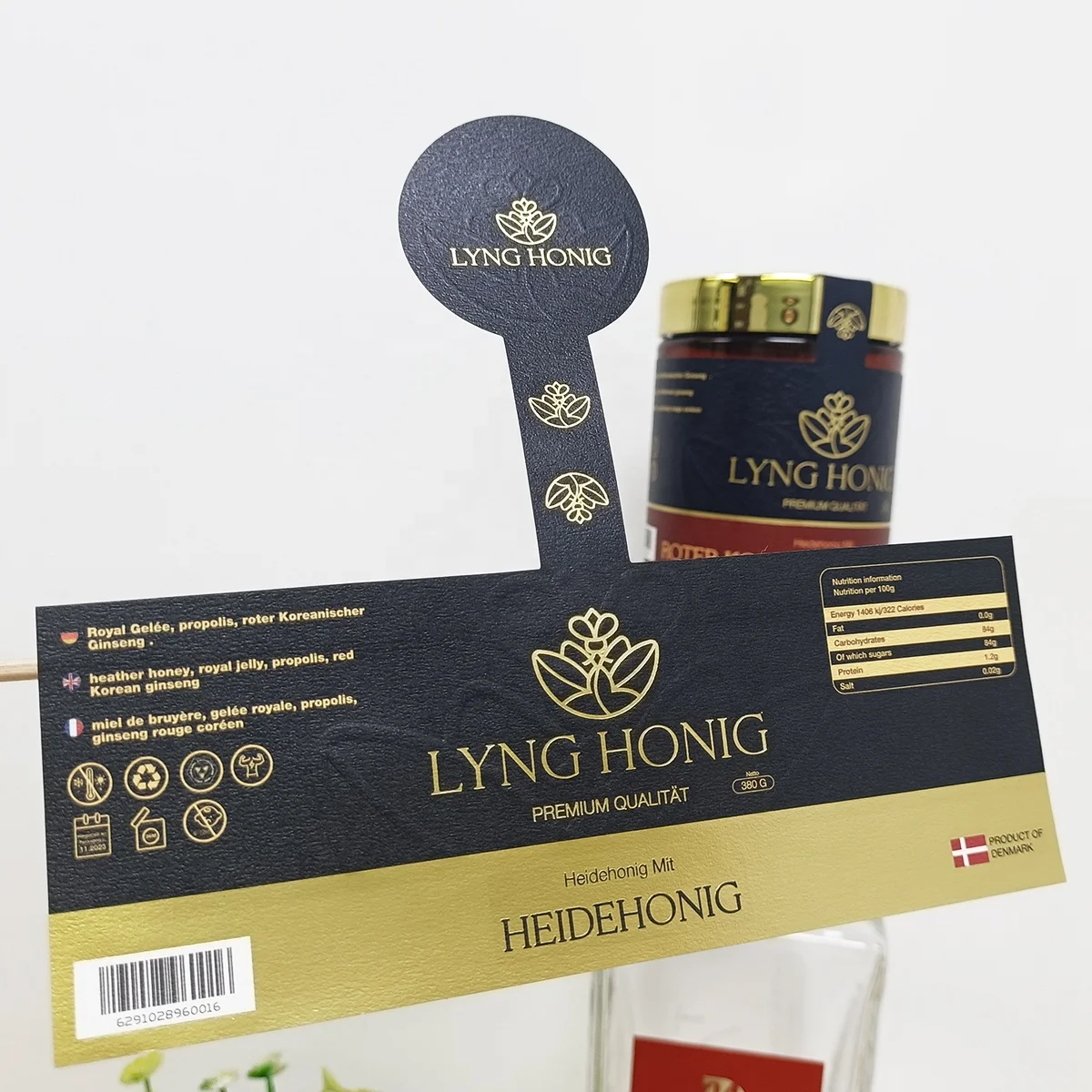 Custom Honey Bottle Label Printing Bee Honey Emboss Gold Foil Textured Paper Sticker for Jars