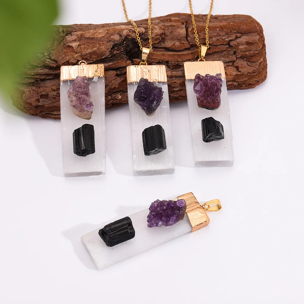 Geometric Rectangle Natural Selenite Amethyst Raw Stone Drusy Black Tourmaline Inlaid Selenite Necklace for Men Women