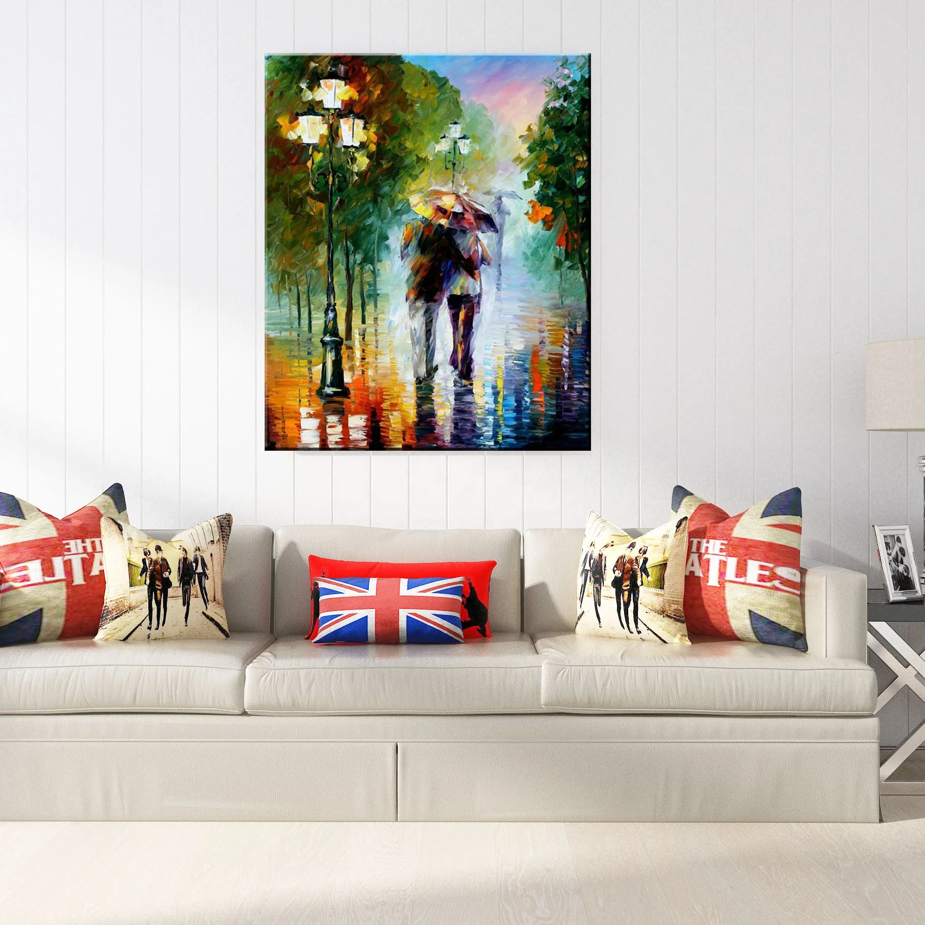 Wall Art Handmade Texture Oil Painting Rain Love Couple In Street Canvas Painting Home Decor