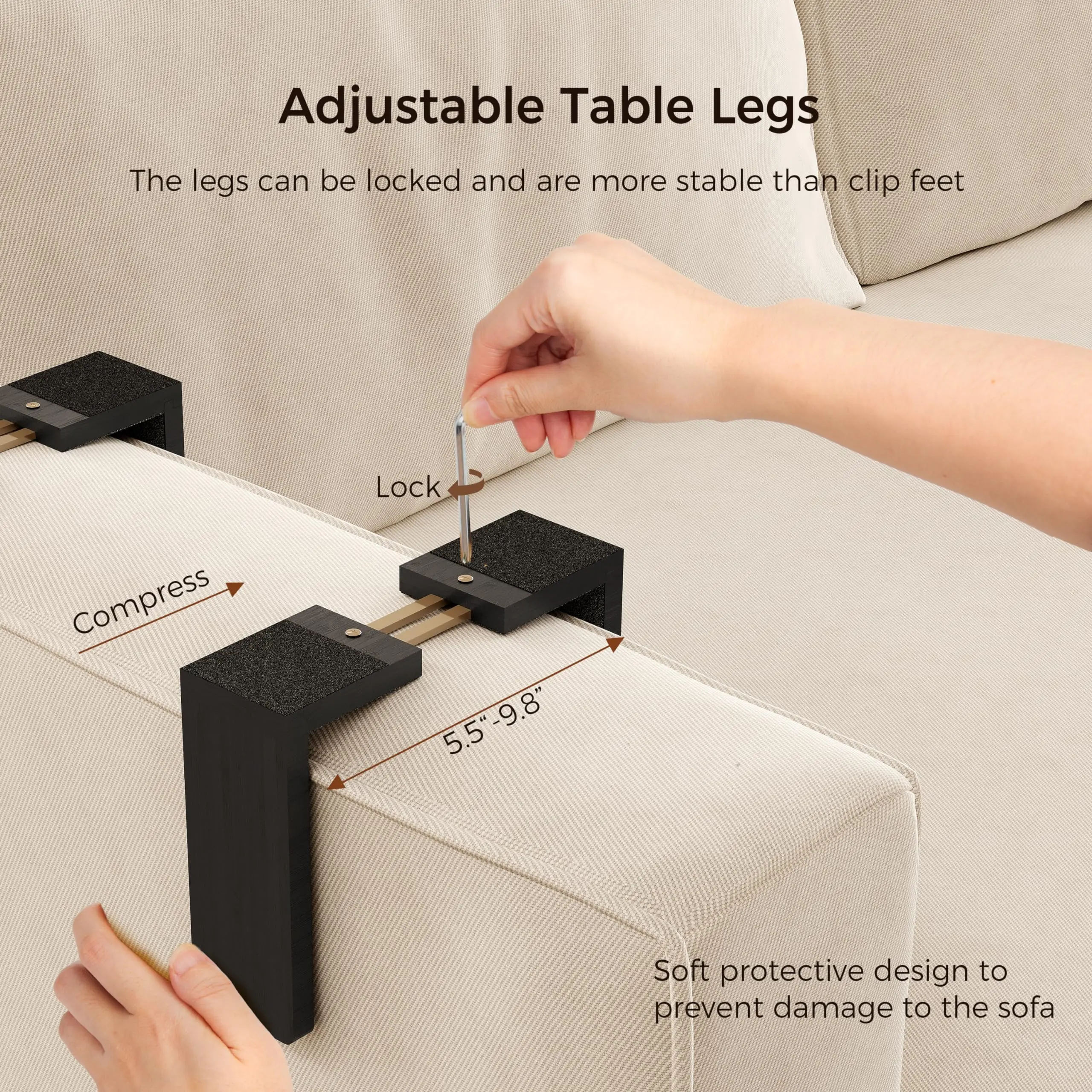 Sofa Armrest Tray with Storage Box, Bamboo Couch Arm Table with 360-deg Rotating Tabletop and Phone Stand,Adjustable Table Legs