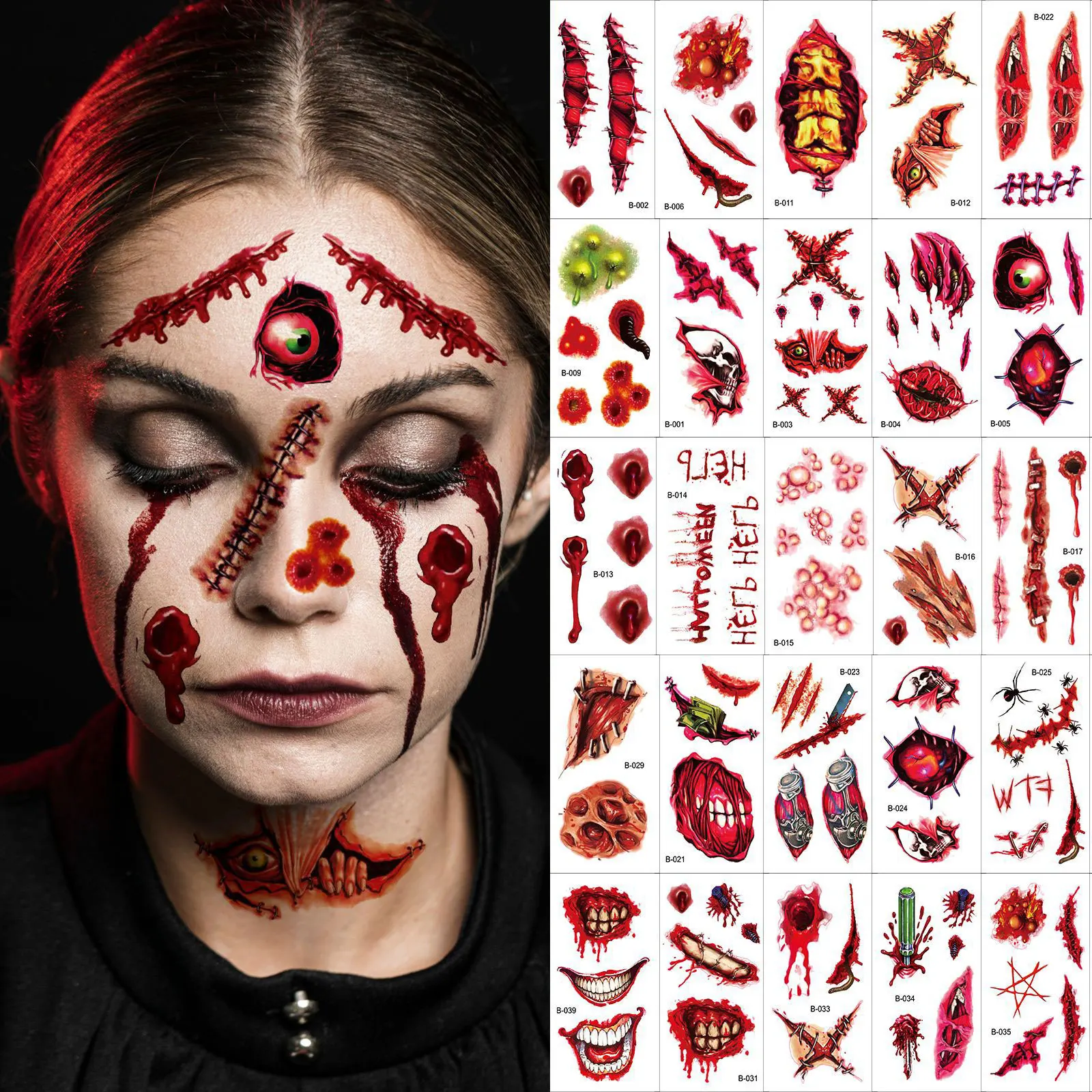 tattoo sticker custom Halloween Waterproof Tattoo Stickers Bloody Big Mouth Scar Tattoo Decoration Wound Horror Blood Sticker