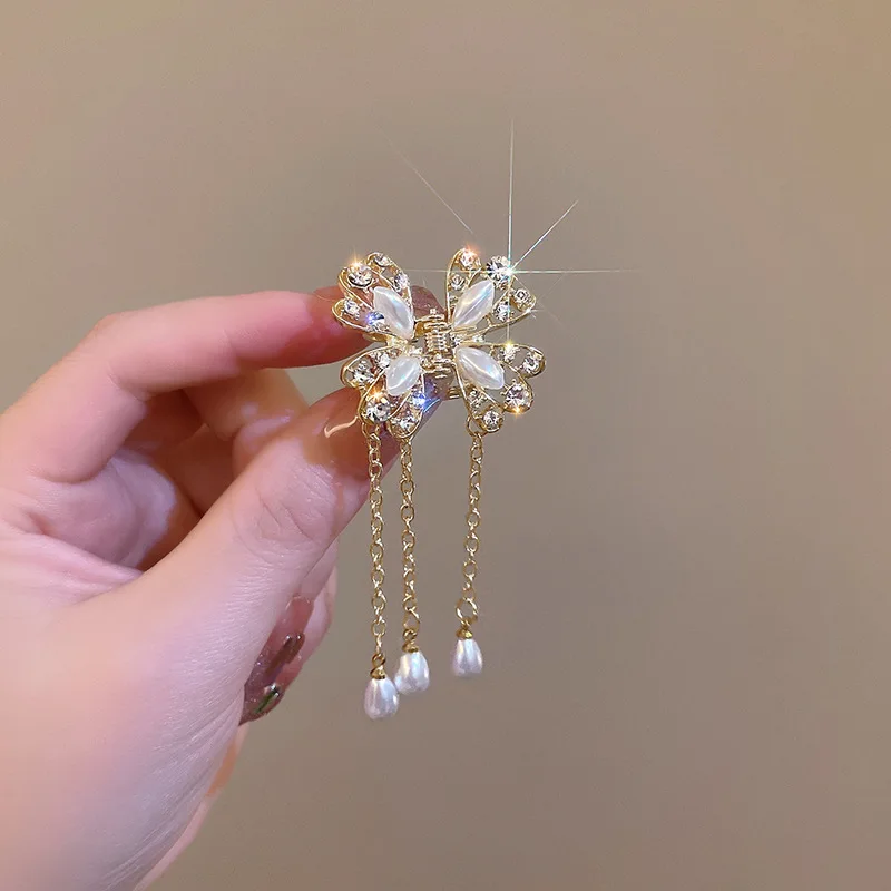 new female headdress shark clip wholesale fashion butterfly pearl tassel rhinestone design back of head ponytail jaw clips