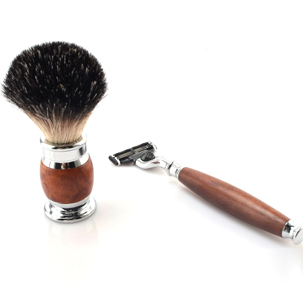 Kinghood Mens metal three blades wood handle gift shaving kit private label shaving safety razor and wood  brush set to gift