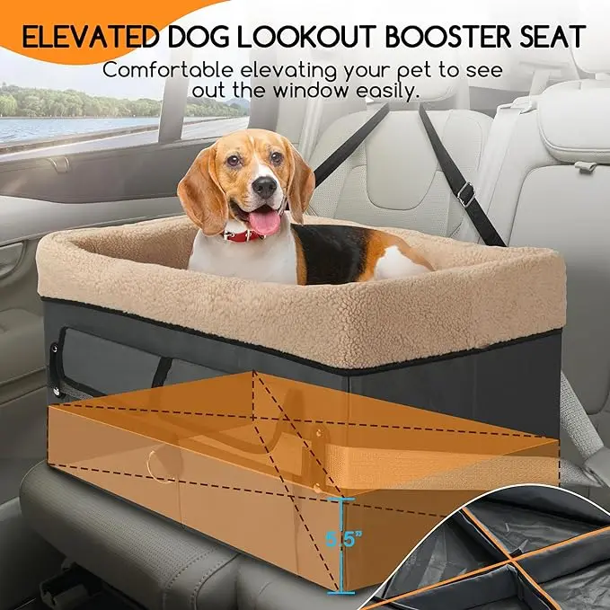 Dog Car Portable Booster Seat for Car with Storage Pockets Clip-On Safety Leash and Adjustable Straps Pet Travel Carrier Bed