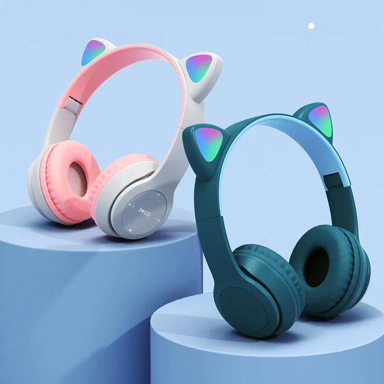 Cute Cat Ears Headphones Flashing LED BT Phone Wireless Headset with Mic Stereo Music Earphone for Kid Girl Gift