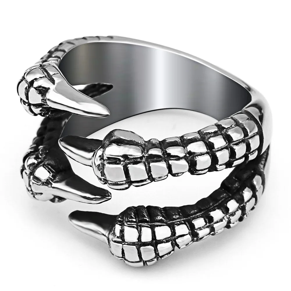 Punk Unisex Wholesale 316 Titanium Stainless Steel  Vintage Skeleton Dragon Sharp Claws Jewelry Finger Ring For Men