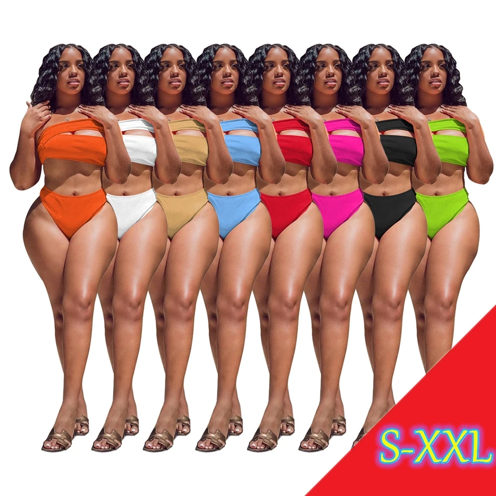 MISSQ W8288 Bikini Sets 2022 Solid Color Summer Hollow Out Single Shoulder Bikini & Beach Wear Elegant Sexy High Waist Swim Wear