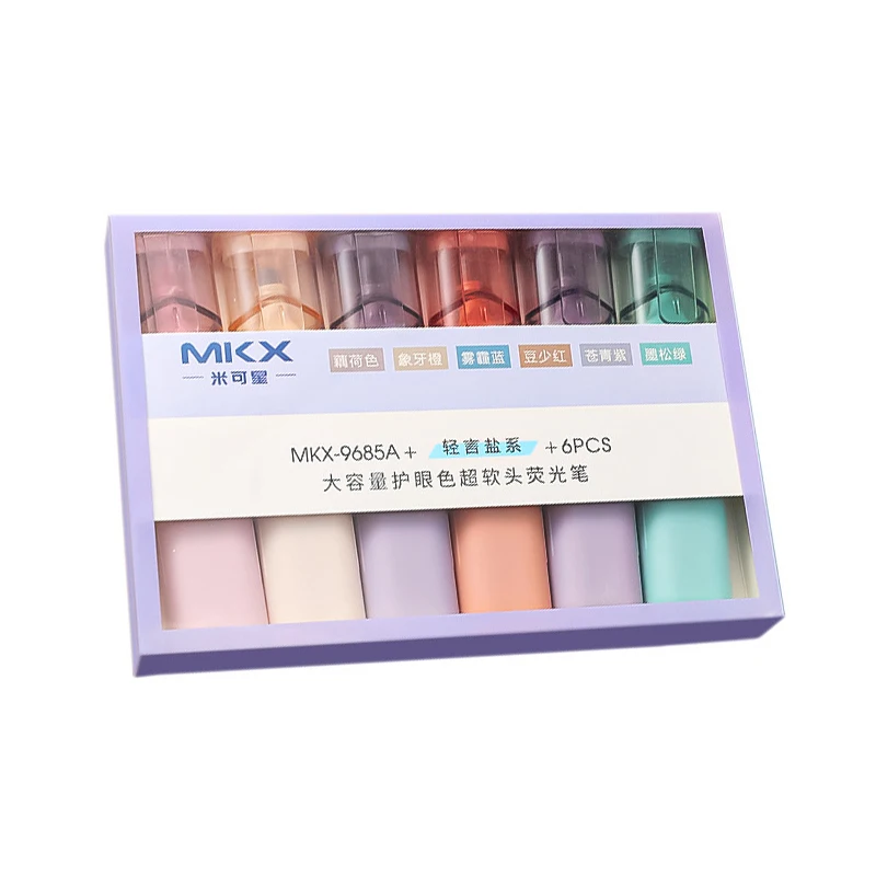 Pastel Color Eye Protect Highlighter Pen Set Student Big Capacity Drawing Marker Key Point Marking Soft Head Colored Pen 6PC Set