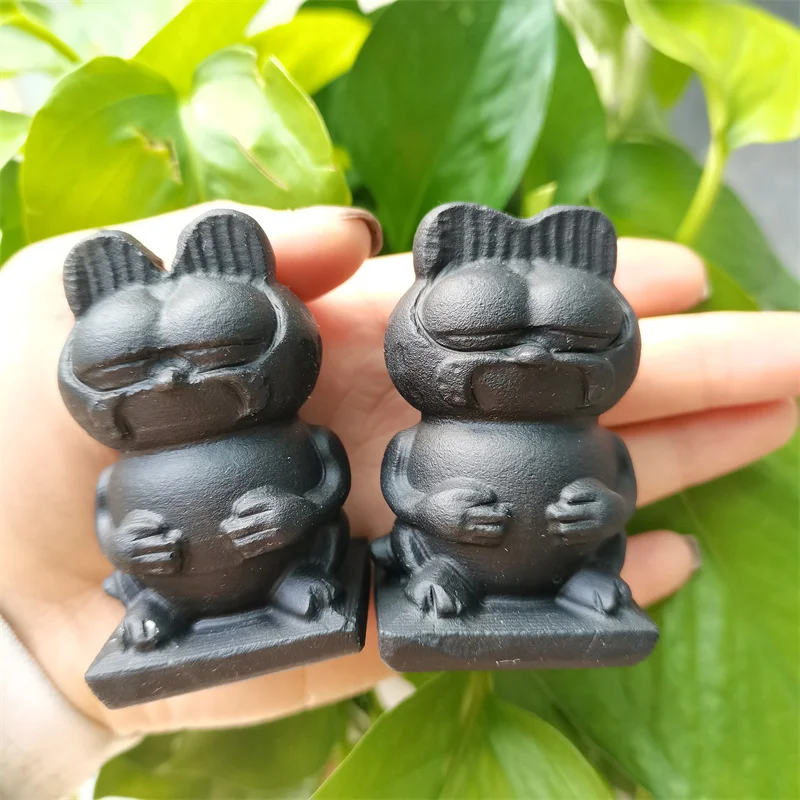 Hot Sale Animal Handicraft Natural Black Obsidian 7cm Crystal Fat Cat Gift For Kids