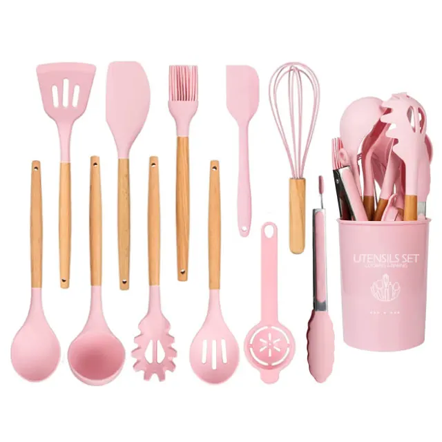 12 Piece Silicone Cooking Utensil Set with Wooden Handle Heat Resistant Spatula Set Non-Stick Cookware Pink Kitchen Utensil Set