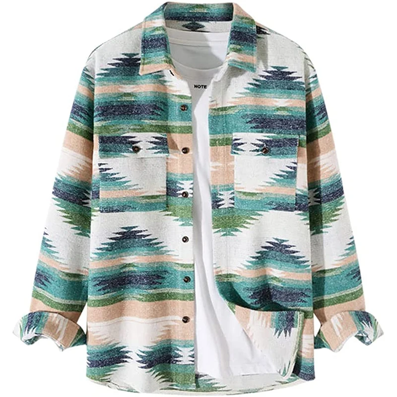 Men Brushed Flannel Shirts Ethnic Aztec Print Button Up Lapel Thick Full Sleeve Plain Dyed Custom Flannel Shirt For Men