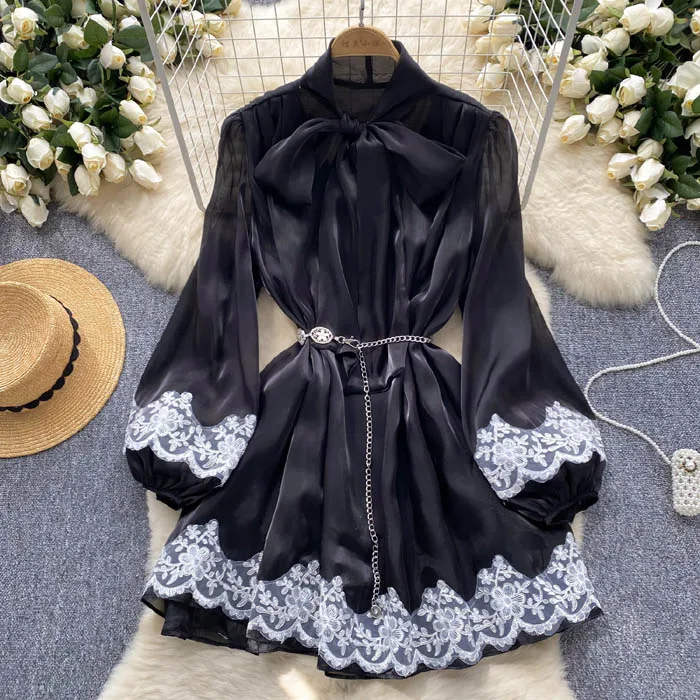 LY1220  New 2025 Korean Chic Solid Color Elegant  long sleeve lace Edge Chiffon Satin Dress Women Long Sleeve Dresses Clothing 1