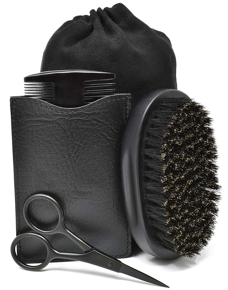 
private label beard wooden comb wood brush boar bristle mens grooming kit gift set  (1600140189047)