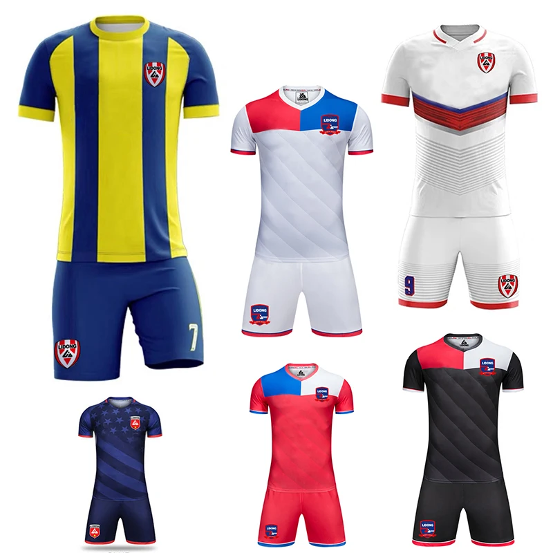 Wholesale High Quality Breathable Quick Dry Polyester Europe Men Full Set Blue And White Custom Designs Soccer Uniform