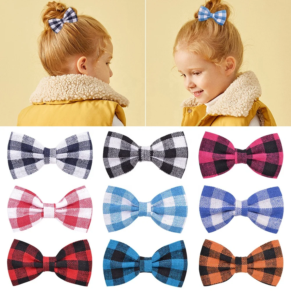 E-Magic High quality plaid ribbon bow 8 stock color hair bow with snap clip hair accessory for Girls Kids Teens