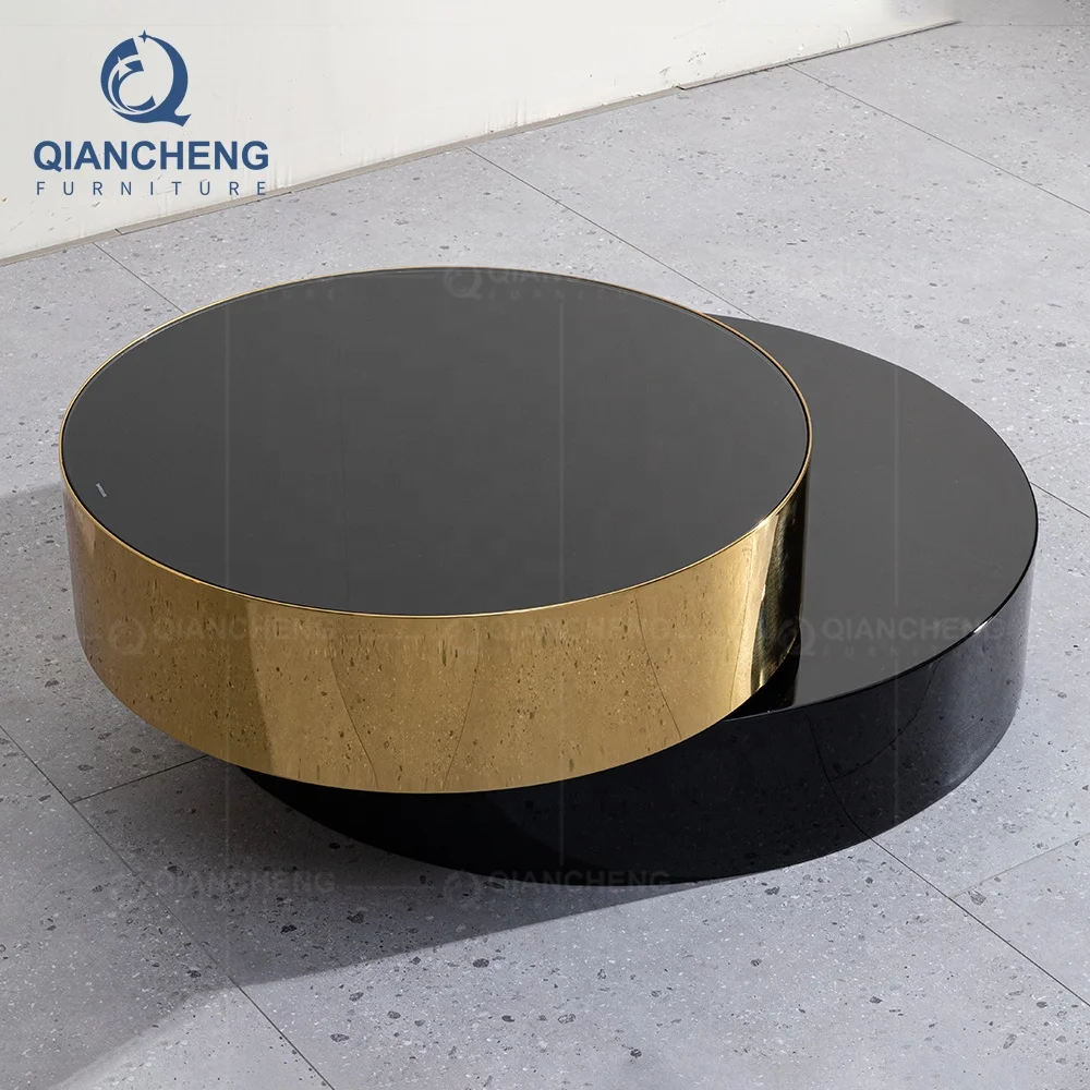 living room furniture black rotation coffee table modern design gold metal frame round coffee table