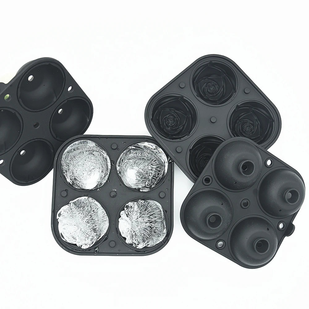 Flexible Silicone 4 Cavity 3D Rose Ice Cube Tray BPA Free Dishwasher Safe Easy Release Rose Ice Mold with Funnels on Top