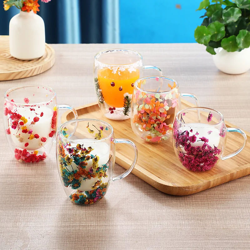 Wholesale Fashionable Creative Double Wall Dry Flowers Natural Preserved Dried Flower Glass Tea Cup with Handle
