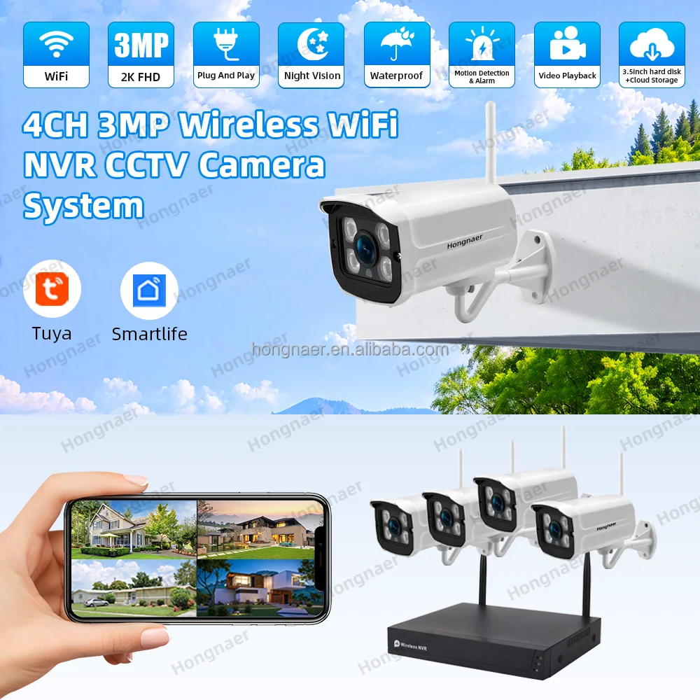 Hongnaer 3MP Plug And Play 4CH NVR Home IP Security CCTV Camera Kit Surveillance System Wireless WiFi Indoor Outdoor CCTV System