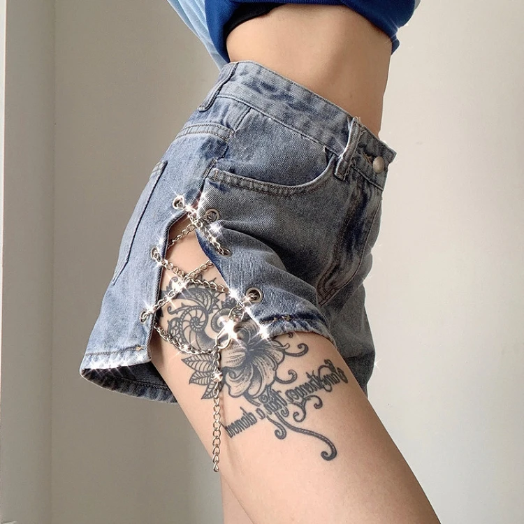 2021 summer high wasted side slit distressed short pantalon jeans woman sexy booty chain denim jean shorts