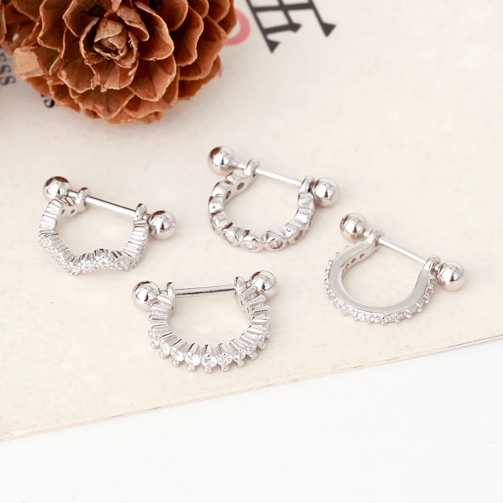 Wholesale Custom Cartilage Piercing Jewelry Hinged Segments Barbell CZ Nipple Rings 925 Sterling Silver D Shape Hoop Earring