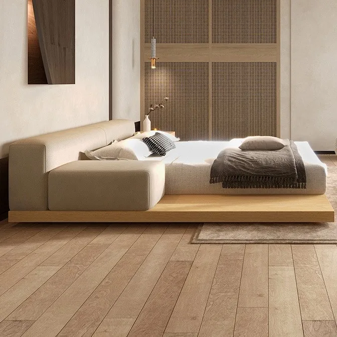 Nordic low wooden back stand king queen size modern bed with soft big headboard wabisabi style Bedroom Room Furniture Set